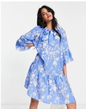 & Other Stories Blue Ruffle Floral Mini Dress Women's Size Small